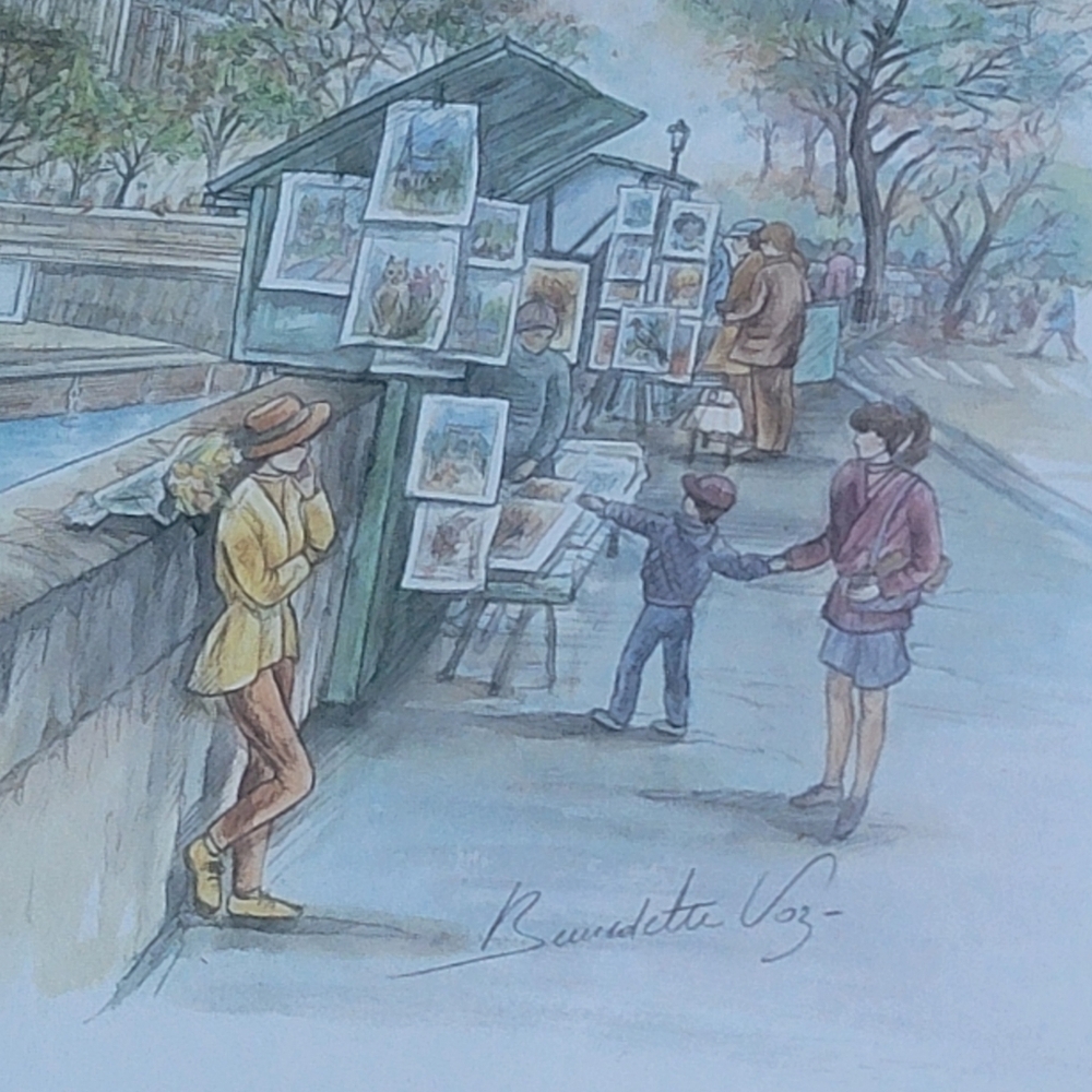 ORIGINAL BERNADETTE VOZ SIGNED WATERCOLOR PRINT Notre Dame Et Les Bouquinistes